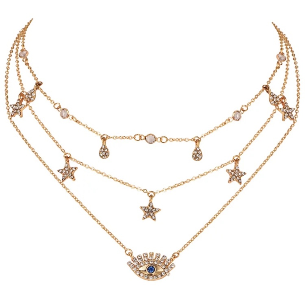 ⚜️𝟯𝟬%𝗢𝗙𝗙 𝗯𝘂𝗻𝗱𝗹𝗲𝘀 𝟯+⚜️ NEW 3 Layered Gold Rhinestone Evil Eye Necklace - Picture 7 of 10